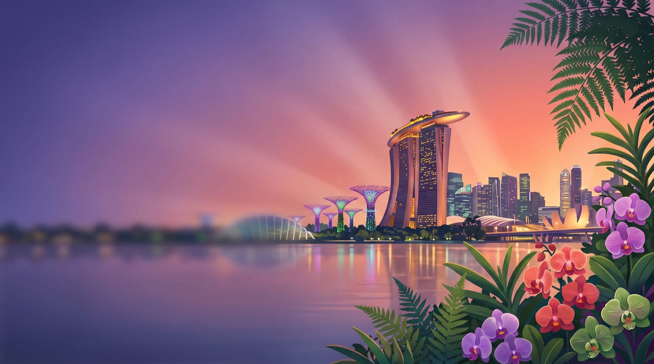 Illustration of Marina Bay Sands and the Gardens by the Bay Supertrees at twilight, Singapore